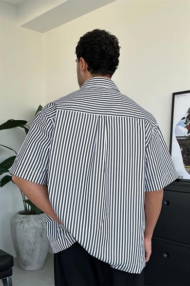 Siyah Çizgili Los Angeles Nakış Oversize Gömlek