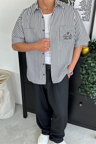 Siyah Çizgili Los Angeles Nakış Oversize Gömlek