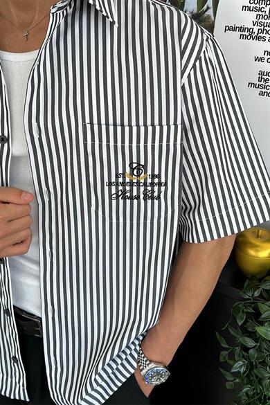 Siyah Çizgili Los Angeles Nakış Oversize Gömlek