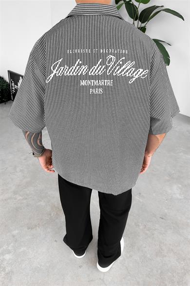 Siyah Çizgili MontMarte Baskılı Oversize Gömlek