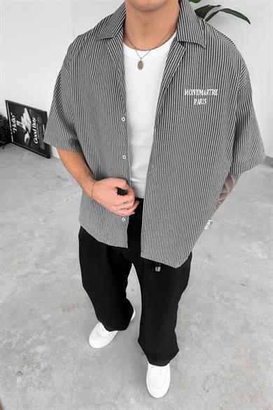 Siyah Çizgili MontMarte Baskılı Oversize Gömlek