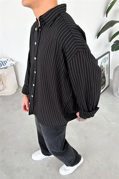 Siyah Çizgili Oversize Keten Gömlek