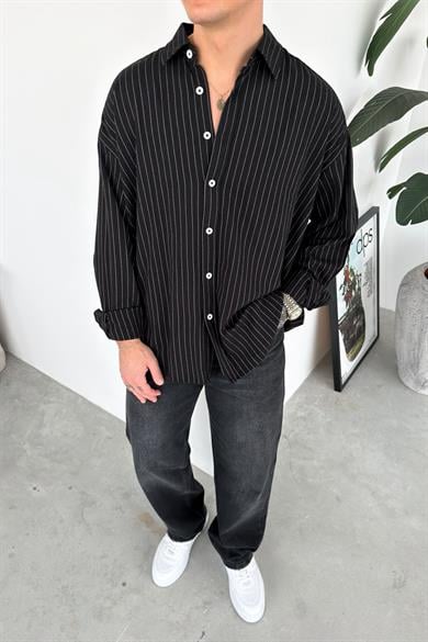 Siyah Çizgili Oversize Keten Gömlek