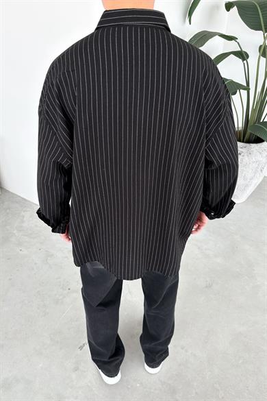 Siyah Çizgili Oversize Keten Gömlek