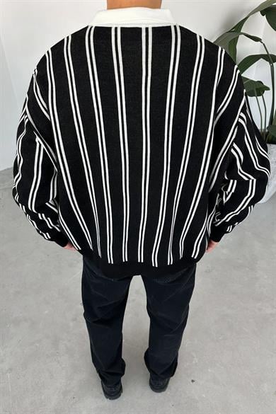 Siyah Çizgili Oversize Polo Yaka Sweatshirt