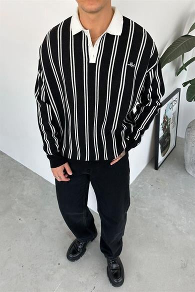 Siyah Çizgili Oversize Polo Yaka Sweatshirt