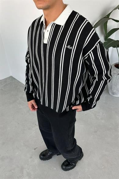 Siyah Çizgili Oversize Polo Yaka Sweatshirt