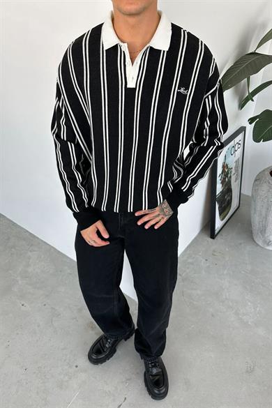 Siyah Çizgili Oversize Polo Yaka Sweatshirt