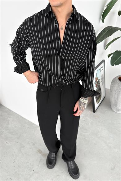 Siyah Çizgili Relaxed Gömlek