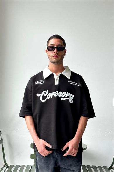 Siyah Coreev Polo Yaka OUTPLENTY PREMİUM Oversize Tişört
