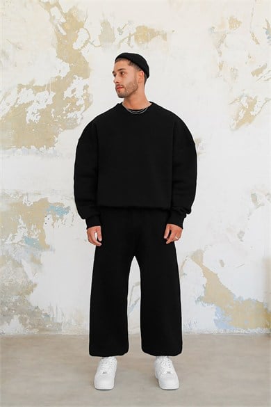 Siyah Cozy Basic Bisiklet Yaka Oversize Eşofman Takımı