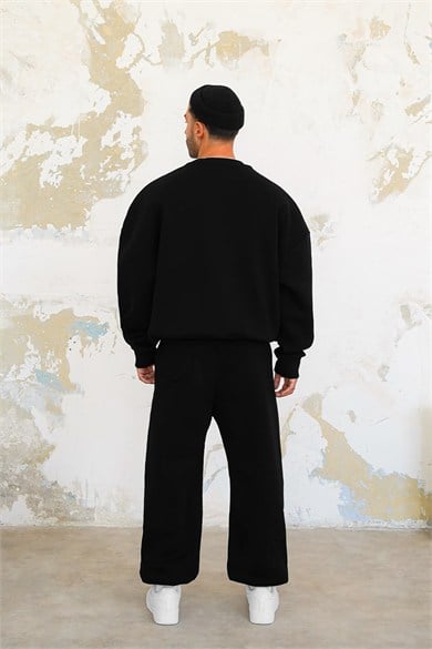 Siyah Cozy Basic Bisiklet Yaka Oversize Eşofman Takımı