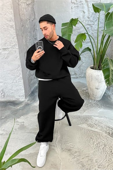 Siyah Cozy Basic Bisiklet Yaka Oversize Eşofman Takımı