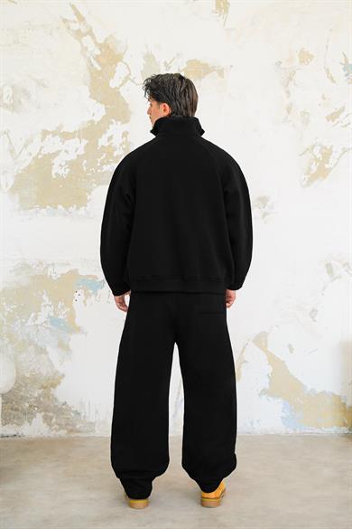 Siyah Cozy Basic Çift Fermuar Oversize Sweatshirt