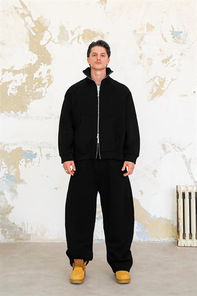 Siyah Cozy Basic Çift Fermuar Oversize Sweatshirt