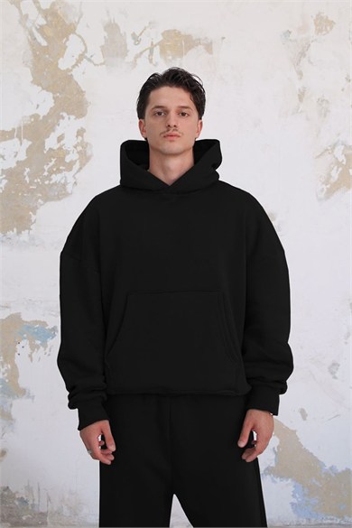 Siyah Cozy Basic Kanguru Oversize Eşofman Takımı