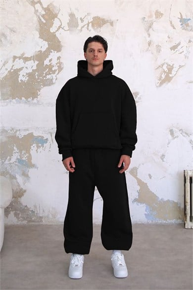 Siyah Cozy Basic Kanguru Oversize Eşofman Takımı