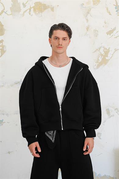 Siyah Cozy Basic Tam Fermuar Oversize Sweatshirt