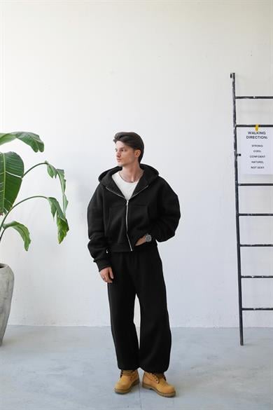 Siyah Cozy Basic Tam Fermuar Oversize Sweatshirt