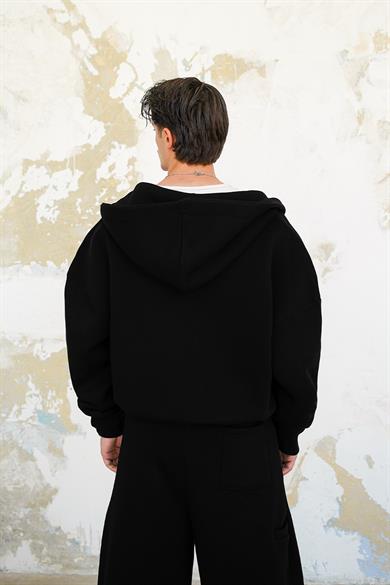 Siyah Cozy Basic Tam Fermuar Oversize Sweatshirt