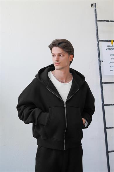 Siyah Cozy Basic Tam Fermuar Oversize Sweatshirt