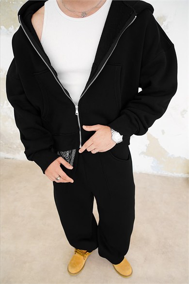 Siyah Cozy Basic Tam Fermuarlı Oversize Eşofman Takımı