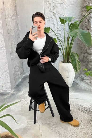 Siyah Cozy Basic Tam Fermuarlı Oversize Eşofman Takımı