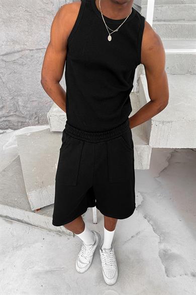 Siyah Cozy Basic Tank Top Likralı Premium Fitilli Atlet