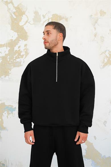 Siyah Cozy Basic Yarım Fermuar Oversize Sweatshirt