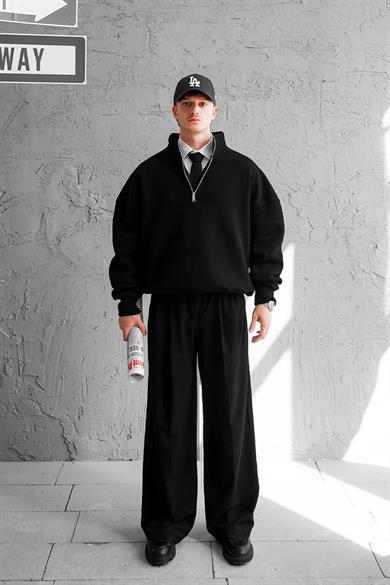 Siyah Cozy Basic Yarım Fermuar Oversize Sweatshirt