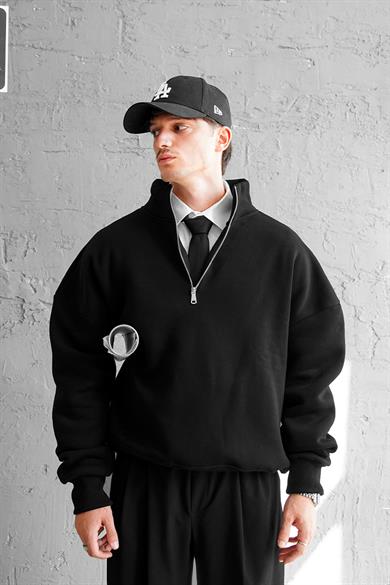 Siyah Cozy Basic Yarım Fermuar Oversize Sweatshirt