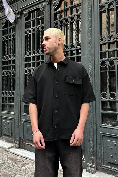 Siyah Dash Couture Nakış Detay Ön Cepli Oversize Gömlek