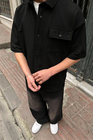 Siyah Dash Couture Nakış Detay Ön Cepli Oversize Gömlek