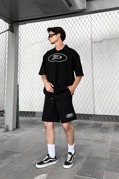 Siyah Dash Nakış Detay Polo Yaka Oversize Tişört