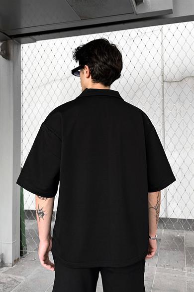 Siyah Dash Nakış Detay Polo Yaka Oversize Tişört