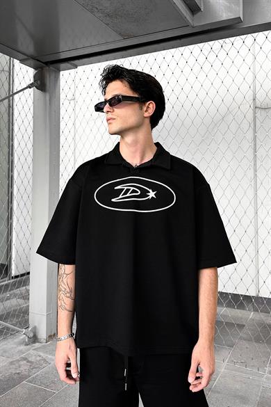 Siyah Dash Nakış Detay Polo Yaka Oversize Tişört