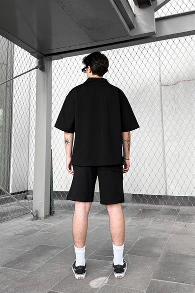 Siyah Dash Nakış Detay U7 Relaxed Fit Şort