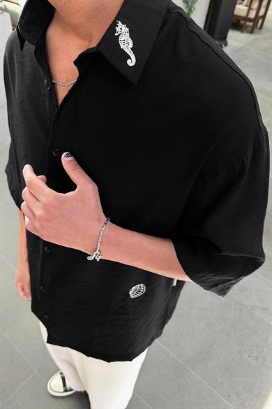 Siyah Deniz Atı Nakış Detay BS Oversize Gömlek