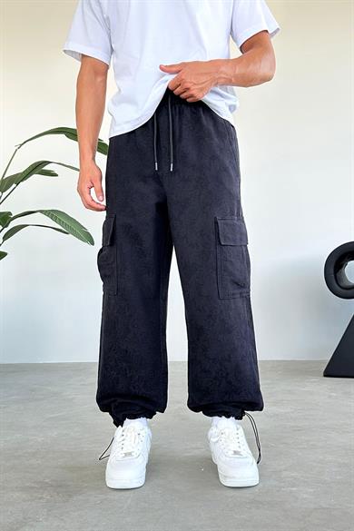Siyah Desenli Cep Nakış Detay Kargo Baggy Pantolon