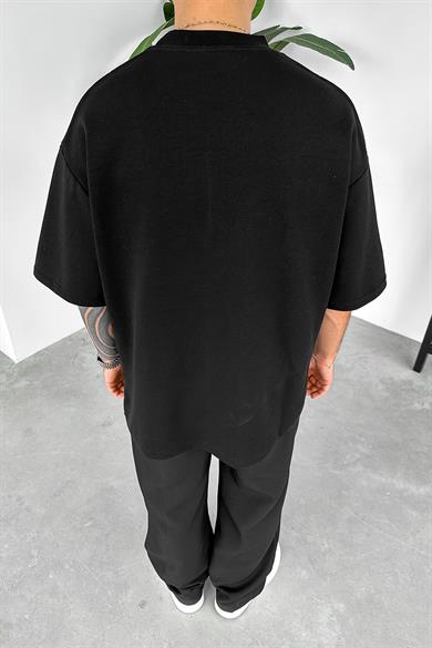 Siyah Dikiş Detaylı Oversize Tişört