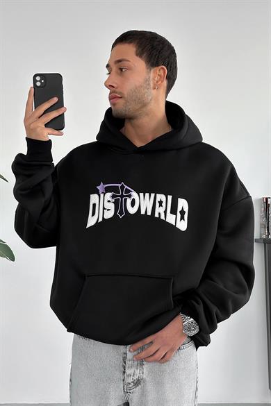 Siyah Distoworld Nakış Süzene Detay HAFKA PREMİUM 3 İplik Şardonlu Oversize Sweatshirt