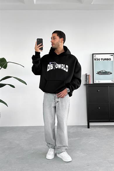 Siyah Distoworld Nakış Süzene Detay HAFKA PREMİUM 3 İplik Şardonlu Oversize Sweatshirt