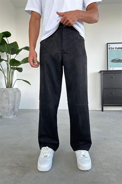 Siyah Diz Detay Süet Baggy Pantolon