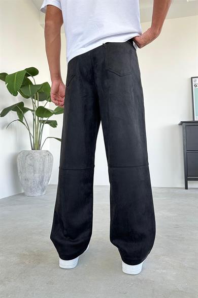 Siyah Diz Detay Süet Baggy Pantolon