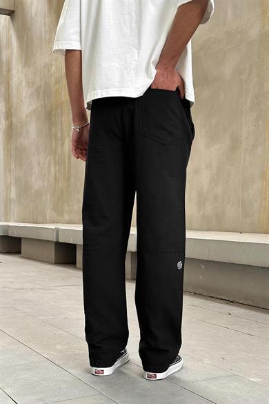 Siyah Diz Nakış Detay Beli Lastikli R1 GO Keten Baggy Pantolon