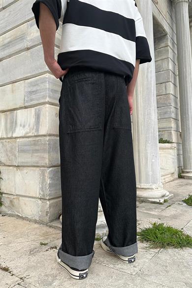 Siyah Dokulu  Beli İp Detaylı 002 CH Ekstra Bol Baggy Pantolon