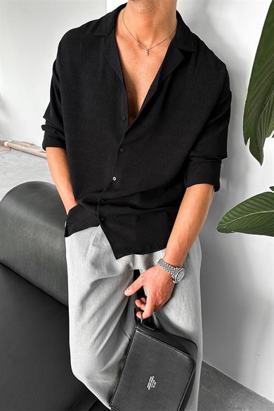 Siyah Dokulu Fitilli Basic Oversize Gömlek
