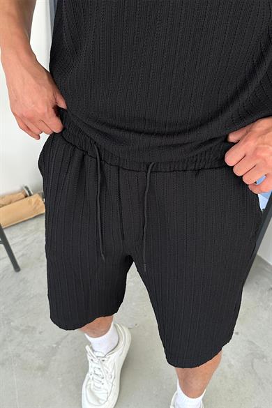 Siyah Dokuma Detay Fitilli Relaxed Şort