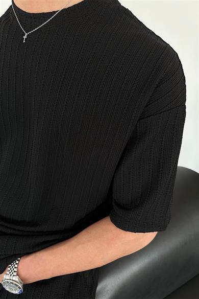 Siyah Dokuma Detay Fitilli Relaxed Tişört