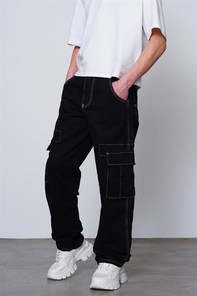 Siyah Double Cep Detay  Dikiş Kargo Baggy Pantolon